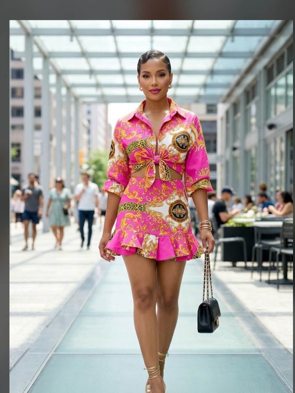 ATHINA 2 PC Pink Baroque Print Tie-Front top And Skirt Small